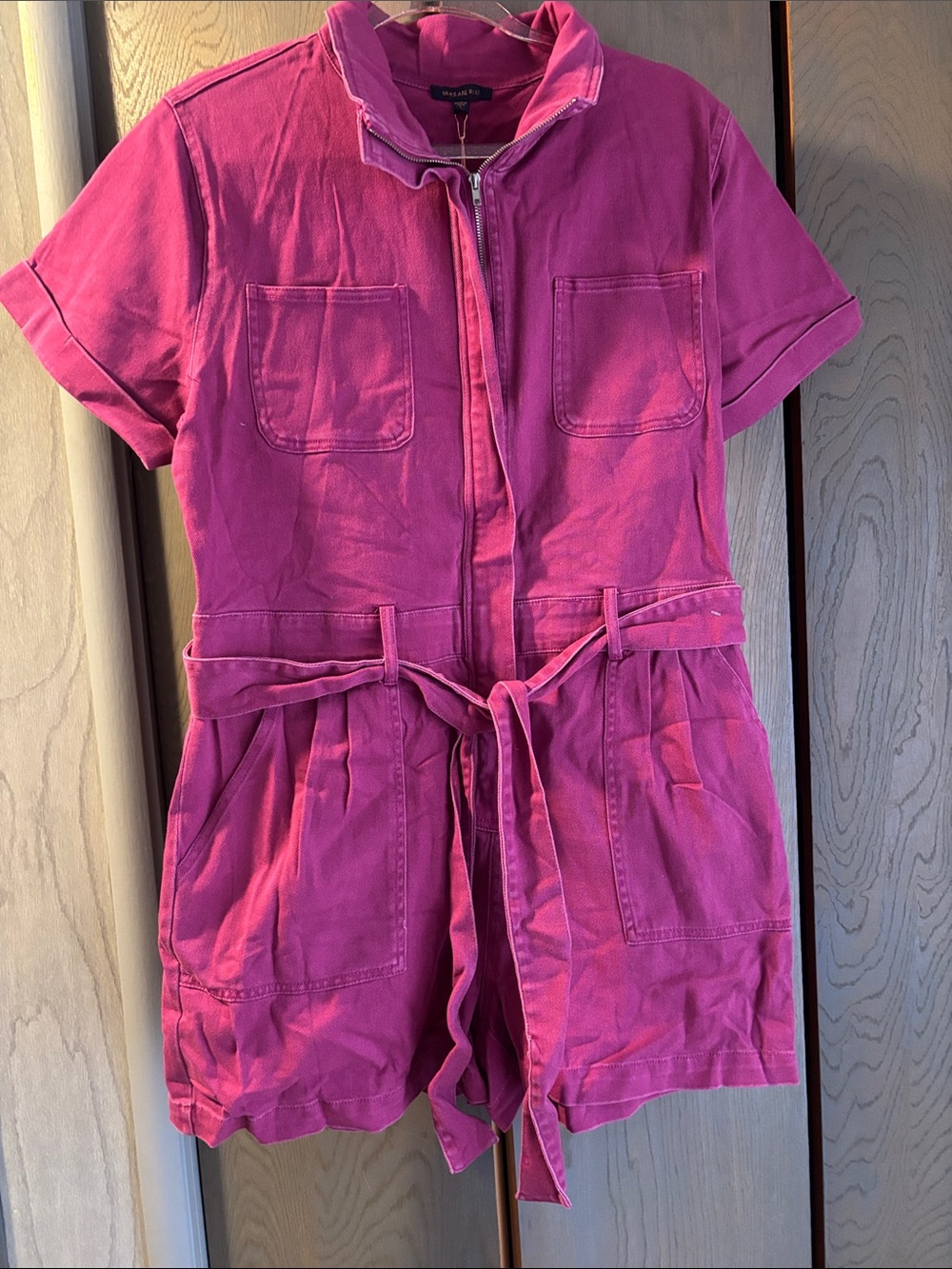 NWT Skies are Blue Magenta Romper Jumpsuit Stretch Denim Summer Zip Up Tie Belt